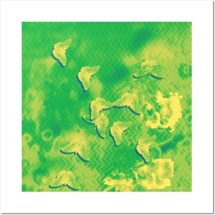 Yellow butterflies on textured green chevrons Posters and Art